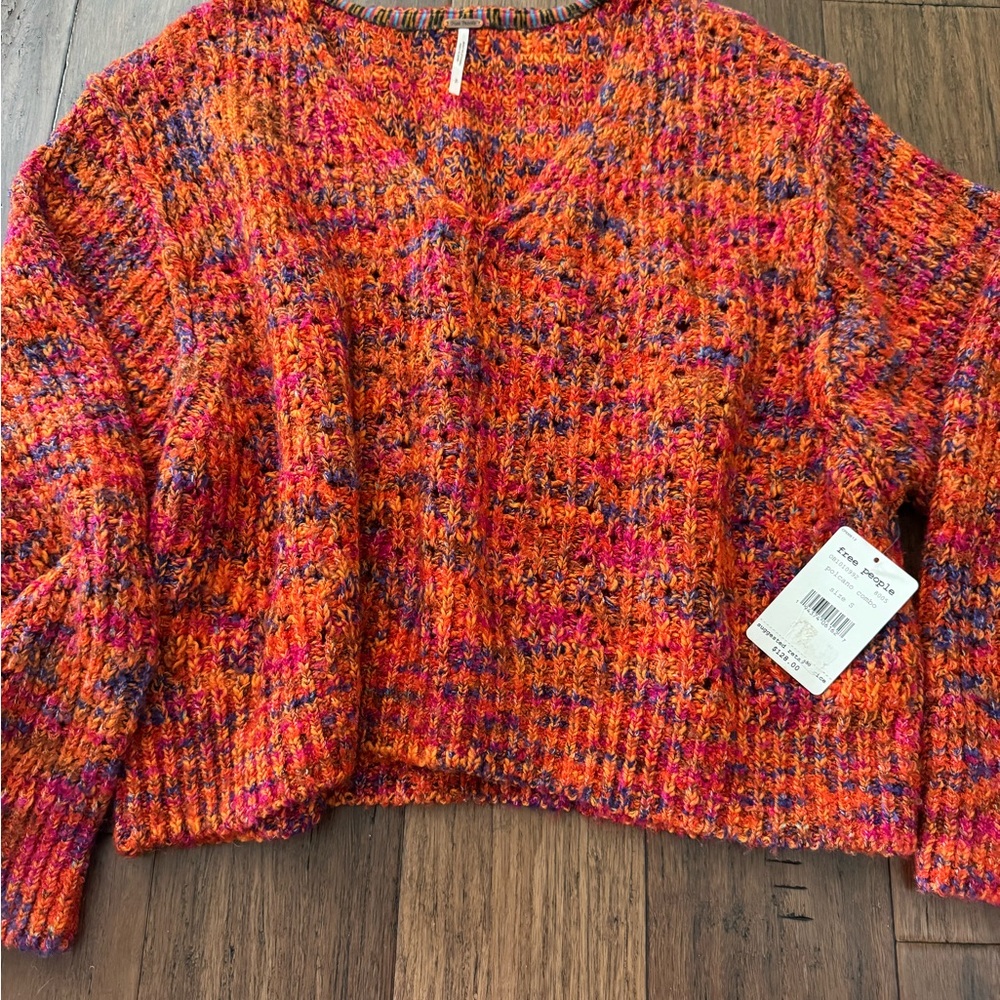Free People Orange and Pink V-Neck Sweater
